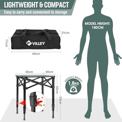 VILLEY Camping Table Folding, Small Lightweight Roll Up Aluminum Camp Table with Carry Bag, Adjustable Height Portable Outdoor Table for Picnic, Beach, Hiking, Fishing