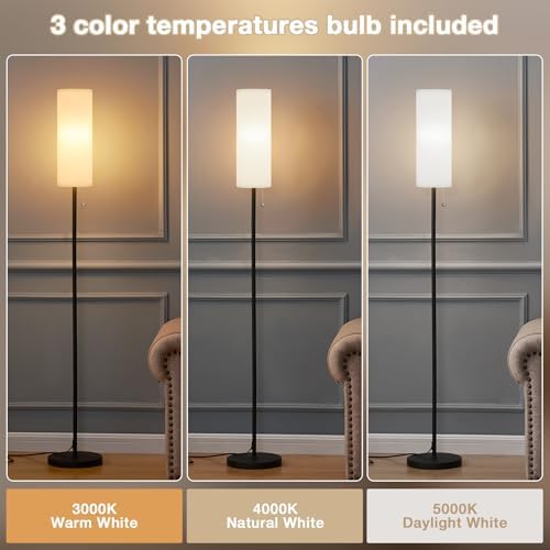 Aooshine White Floor Lamp for Living Room with 3 Color Temperatures Bulb, 64" Standing Lamps with Linen Lampshade for Bedroom, Minimalist Pole Lamp, White Shade & Black Pole(Bulb Included)