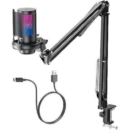 Gaming PC USB Microphone for PC with Boom Arm, USB PC Mic for Podcasts Videos, Streaming, Condenser Mic with Quick Mute, RGB Indicator,Shock Mount,Rotate gain button, Compatible with PS4/5/PC