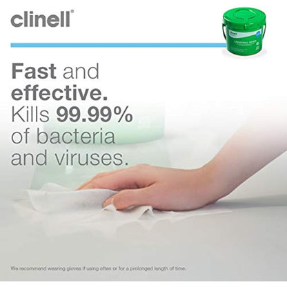 Clinell Universal Cleaning and Disinfectant Wipes Bucket - Pack of 225 - Multi Purpose Wipes, Kills 99.99% of Germs, Effective from 30 Seconds