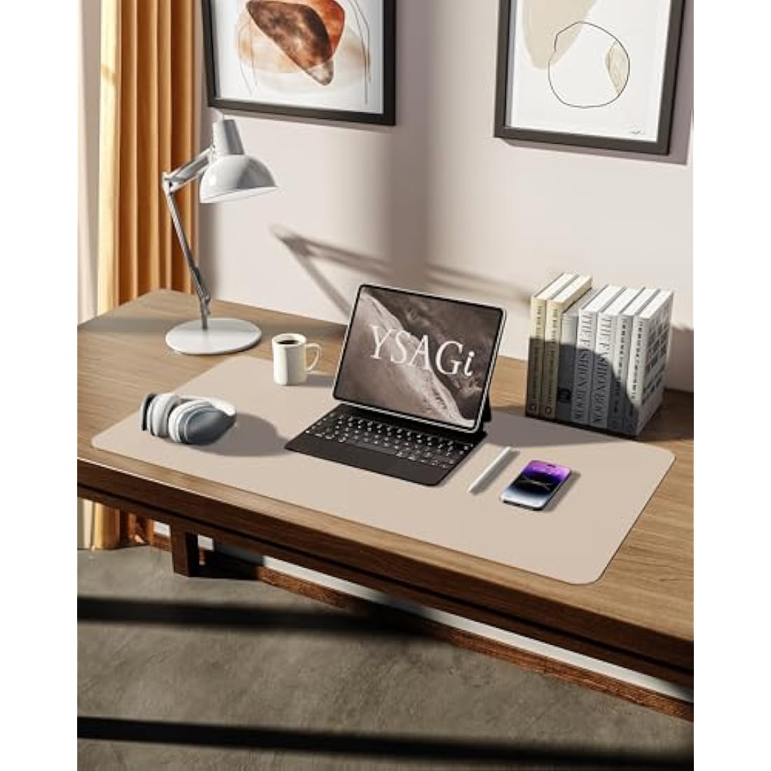YSAGi Leather Desk Mat, Large Mouse Mat, Non-Slip Desk Pad, Waterproof PU Leather Table Protector Writing Pad for Office and Home (80 x 40 cm, Beige)