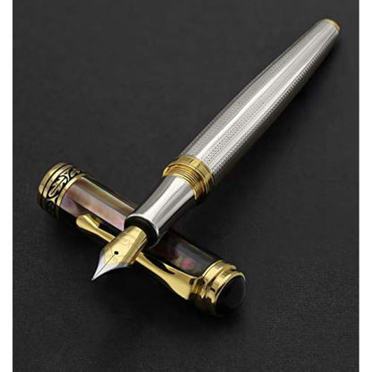 Xezo Maestro Fountain Pen, Fine Nib. Solid 925 Sterling Silver and Tahitian Black Mother of Pearl with 18 Karat Gold Plating. Handcrafted, Limited Edition, Serialized
