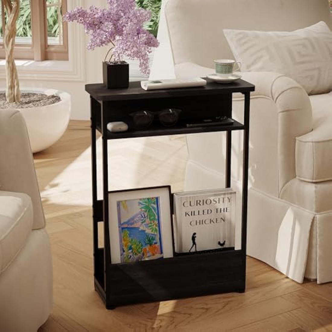 YEAKOO Narrow Side Table with Storage Shelf, 3 Tier Slim End Table for Small Spaces, Narrow Bedside Table, Small Nightstand with Magazine Rack 46x18x62.5cm