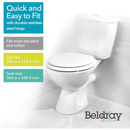 Beldray LA032355WHTFEU7 Wooden MDF Toilet Seat – Oval Shaped, Stainless Steel Release Hinge For Easy Cleaning, Top Fixing White Toilet Seat, Standard Fitting For Most Toilets, Seat Size: 360 x 428mm