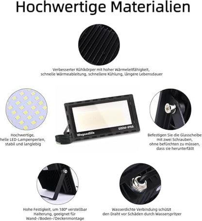 Wegoodlife 600W LED Outdoor Spotlight, Super Bright 60000LM, 6500K Cool White, IP66 Waterproof Floodlight, 50cm Cable, Outdoor Light for Garden, Backyard, Hallway
