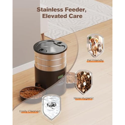 Automatic Cat Feeder For 2 Cats - Stainless Steel Cat Food Dispenser for Fresh Dry Food with Timer - 5L Electric Pet Feeder with Double Bowls Indoor- Auto Small Dog Feeder Dual Power - Button Control