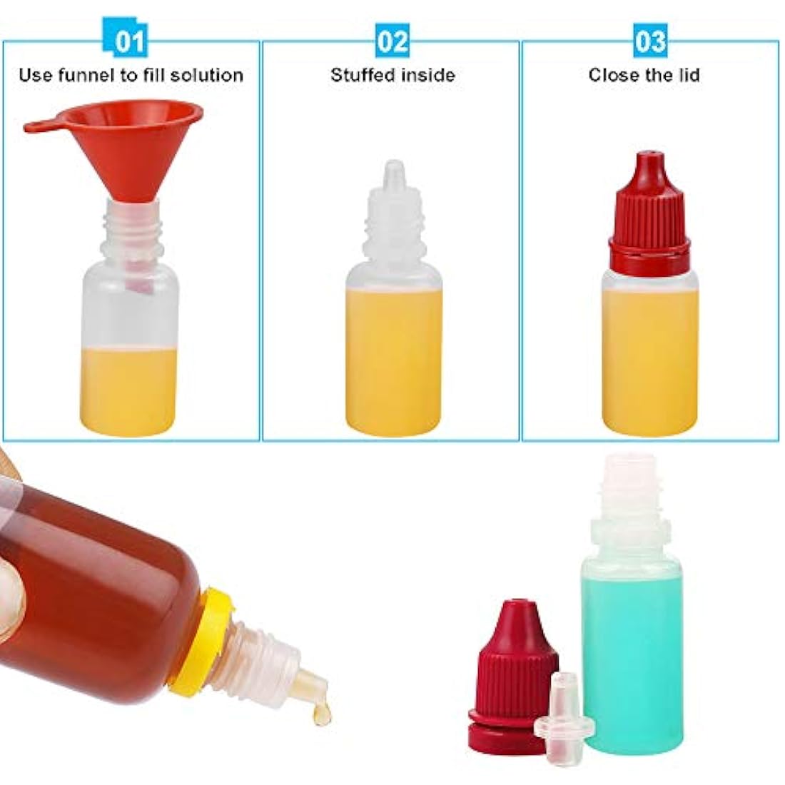 CODIRATO 70 PCS Plastic Eye Liquid Squeezable Dropper Bottles 10ML Liquid Bottles for E-liquid, Oils, Dyes and Other Liquids (7 Colores)