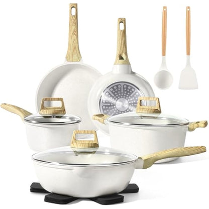 GiPP Pots and Pans Set Non Stick - 14 Piece White Ceramic Kitchen Cookware Sets Nonstick Induction Cookware Non-Toxic Cooking Pan Set with Silicone Spatula&Spoon, PFOS and PFOA Free (White, 14PCS)