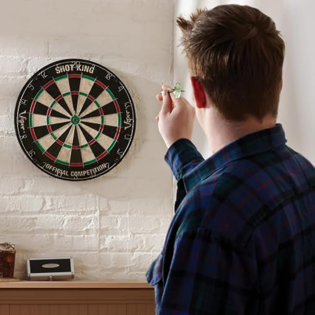 Shot King Regulation Bristle Steel Tip Dartboard Set with Staple-Free Bullseye, Galvanized Metal Radial Spider Wire Includes 6 Darts, Black, 17.75 inch