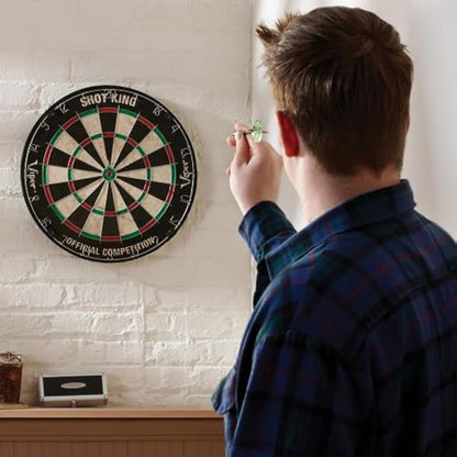 Shot King Regulation Bristle Steel Tip Dartboard Set with Staple-Free Bullseye, Galvanized Metal Radial Spider Wire Includes 6 Darts, Black, 17.75 inch