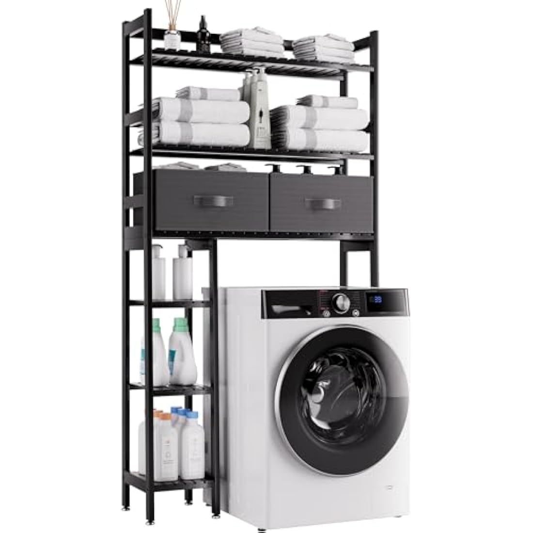 SMIBUY Over-The-Toilet Storage Rack, 6-Tier Bamboo Large Bathroom Organizer with Side Shelves and 2 Drawers, Stable Freestanding Space Saver for Bathroom, Laundry Room(Black)