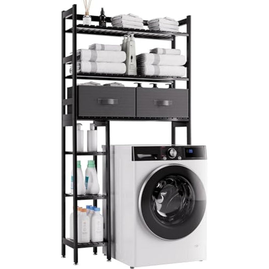 SMIBUY Over-The-Toilet Storage Rack, 6-Tier Bamboo Large Bathroom Organizer with Side Shelves and 2 Drawers, Stable Freestanding Space Saver for Bathroom, Laundry Room(Black)