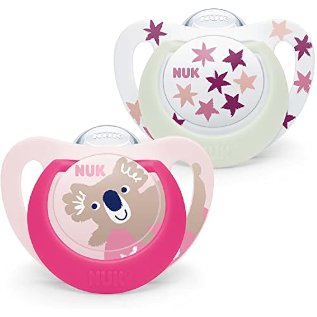 NUK Star Night & Day Baby Pacifier | 6-18 Months | Glow in The Dark Soothers | BPA-Free Silicone | Pink Koala | 2 Pieces