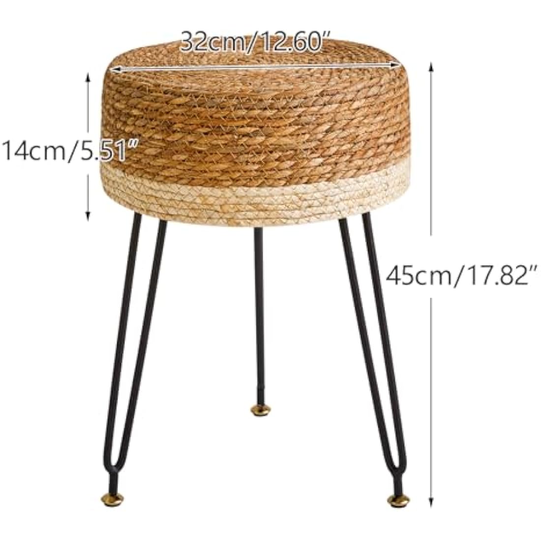 YMYNY Footstool Natural Seagrass Hand Weave, Vanity Makeup Stool, Pastoral Style Footrest, Padded Foot Rest with Metal Legs, Foot Rest Sofa Stool, for Living Room, 32×32×45CM Natural&White HBD029W