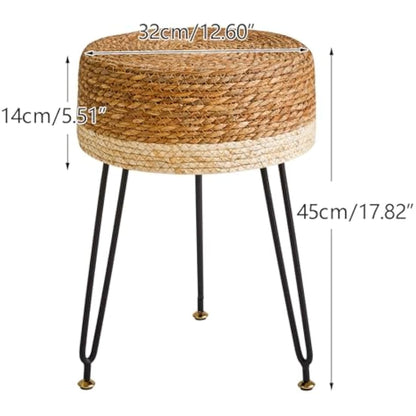 YMYNY Footstool Natural Seagrass Hand Weave, Vanity Makeup Stool, Pastoral Style Footrest, Padded Foot Rest with Metal Legs, Foot Rest Sofa Stool, for Living Room, 32×32×45CM Natural&White HBD029W