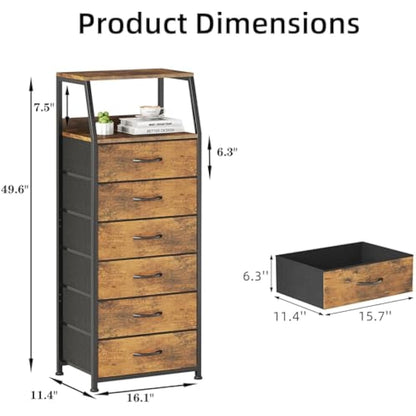 CAIYUN Chest of Drawers Bedroom with 6 Drawers, Tall Fabric Dresser with Shelf, Fabric Dresser for Entryway Hallway Living Room, Closet Storage Drawer, Rustic Brown