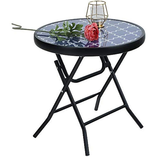 PHI VILLA Folding Side Table, Foldable Coffee Table, Outdoor Garden Table, Small Round Patio Table for Outdoor and Indoor-Blue