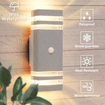 CELAVY Up Down Outside Lights with Motion Sensor, PIR Outdoor Wall Light Mains Powered, IP65 Front Door Porch Light Electric, Security GU10 LED External Exterior Lighting Wall Mounted Lamp, Light Grey