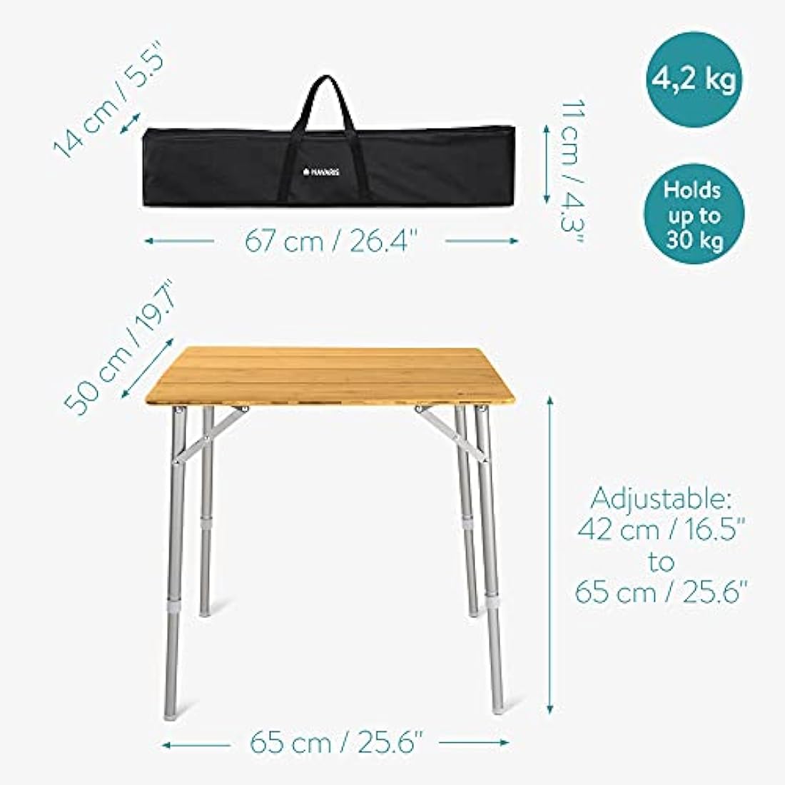 Navaris Wooden Folding Table - Bamboo Height Adjustable, Foldable Camping Table for Outdoors, Picnics with Telescopic Aluminium Legs