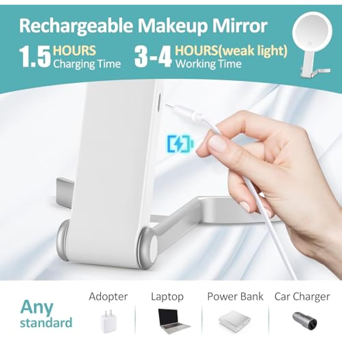 Travel Mirror with Light,Double-sided 20x/1x Magnifying Makeup Vanity Mirror,Rechargeable Adjustable Brightness 3 Colour Lighting,Folding,Handheld/Hangable/Tabletop,3 ways Using Mirror,White