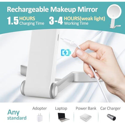 Travel Mirror with Light,Double-sided 20x/1x Magnifying Makeup Vanity Mirror,Rechargeable Adjustable Brightness 3 Colour Lighting,Folding,Handheld/Hangable/Tabletop,3 ways Using Mirror,White