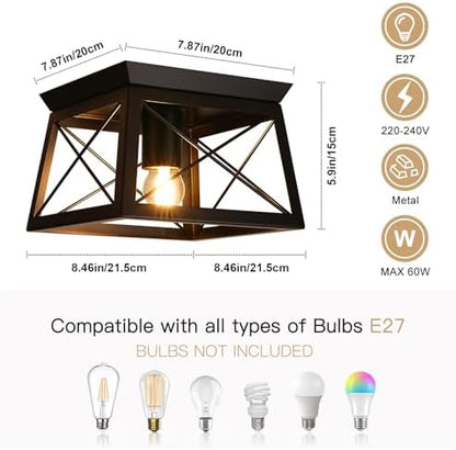 FORCOSO Black Ceiling Light Fixtures - E27 Industrial Flush Mount Ceiling Light 1-Light LED Square Metal Vintage Ceiling Lamp for Hallway Entryway Bedroom Living Room Kitchen - NO Bulb