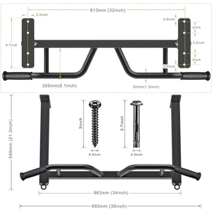 Kipika 32" Ceiling Mounted Pull Up Bar - Heavy Duty, Highly Adjustable, Multifunctional Chin Up Bar - Home Gym System with Punching Bag Hanger and Resistance Bands Training