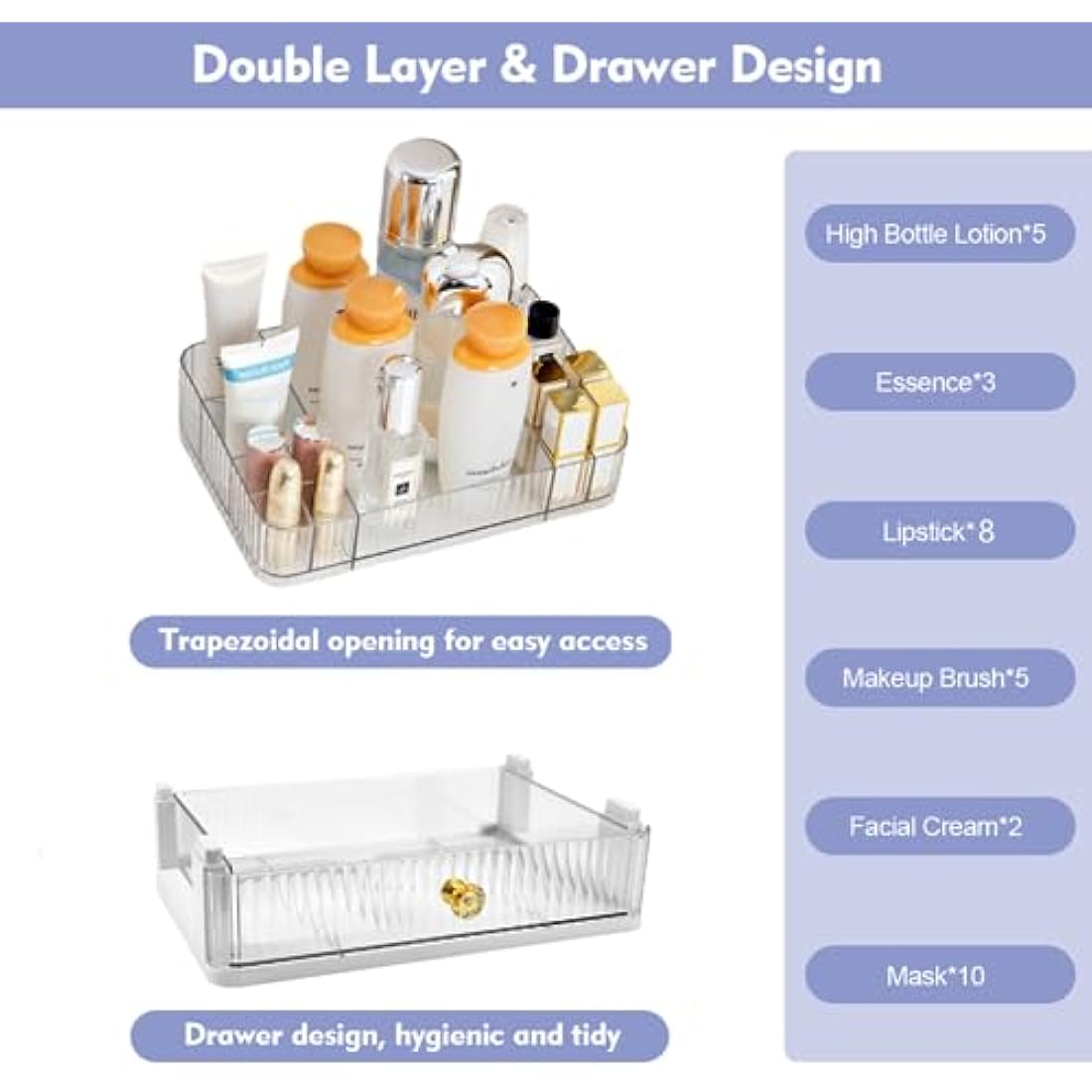 OKUYAN Clear 2-Tier Makeup Organiser Tray - Desk and Dressing Table Organizer for Skincare and Cosmetics - Acrylic Storage Box With Drawers for Vanity and Bathroom