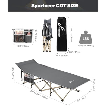 Sportneer Camp Beds for Adults with 1.5" Thick Mattress, Camping Bed 74 * 28" Extra Wide Support 450lbs for AdultsTravel Fishing Picnic Outdoor