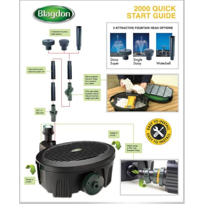 Blagdon Inpond 5-in-1 2000 Easy Care Clean Pond Solution, 10w Pond Pump & Filter with UV Clarifier for Algae Control and Clear Water, LED Light, 3 Fountain Heads, for Ponds Up to 2,000L, Black