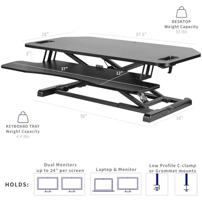 VIVO Extra Wide Corner Height Adjustable 97 cm Stand up Desk Converter, Sit Stand Tabletop Dual Monitor and Laptop Riser Workstation, Black, DESK-V000KL