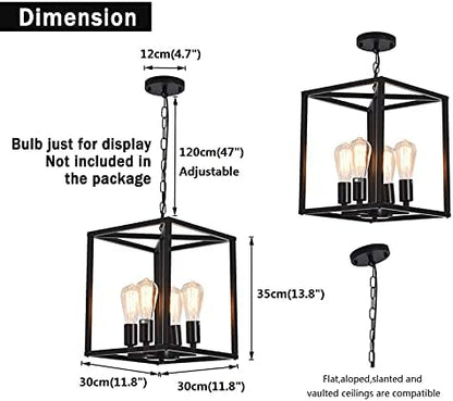 Qcyuui Vintage Lantern Pendant Light, Industrial Metal Cage Foyer Chandeliers Ceiling Lamp, 4-Light Black Hanging Pendant Lighting Fixture for Kitchen Island Farmhouse Hallway, E27