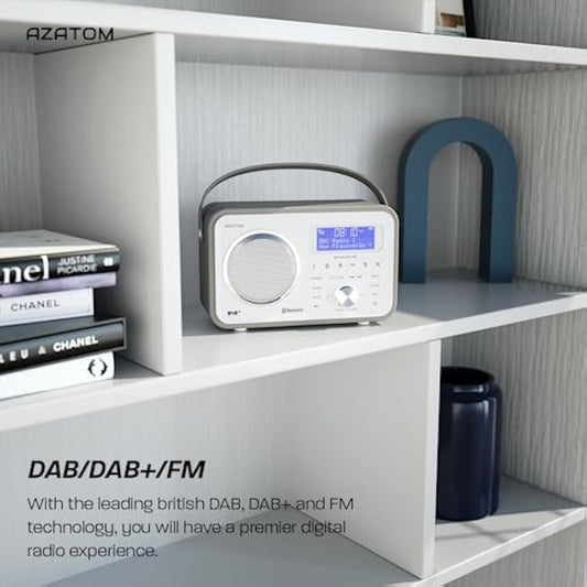 DAB/DAB+ & FM Portable Digital Radio | Leather Design | Bluetooth | Rechargeable Battery | Dual Alarms & Sleep Timer | Perfect for Home, Office or Outdoors | AZATOM Spitalfields 2 (Grey)