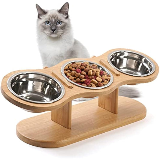 GHIAKQYT Cat Feeding Station, 3 Bowls, Raised Cat Bowl, Set of 3, Height Adjustable, Feeding Bowl with Wooden Stand, Stainless Steel Bowls for Water Food, Feeding Bowl for Cats, Small Dogs