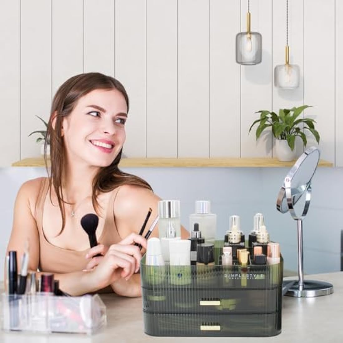 Womanht Makeup Organizer with 2 Drawers, Cosmetics Organizer for Bedroom and Bathroom Vanity Countertops, Large Capacity Cosmetic Storage Box for Skincare Cream Perfume Lipstick Dresser Counter-Green