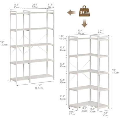 VEDECASA 5 Tiers Corner Bookcases L Shaped Corner Bookshelves White Bookshelf Storage Display Rack with Metal Frame for Living Room Home Bedroom Home Office Study Room White
