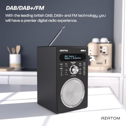DAB/DAB+ & FM Digital Radio | Simple Controls | Dual Alarms & Sleep Timer | Mains Powered | Bluetooth | USB Device Charging | Perfect for Home, Office or Outdoors | AZATOM Foxton FX2 (Black)