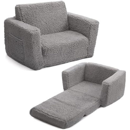 BEJOY Kids Sofa Bed 2-in-1 Flip Out Cuddly Sherpa Toddler Couch Convertible Chair to Lounger Children Sofa Bed Children's Day and Birthday Gift for Girls Boys, Grey