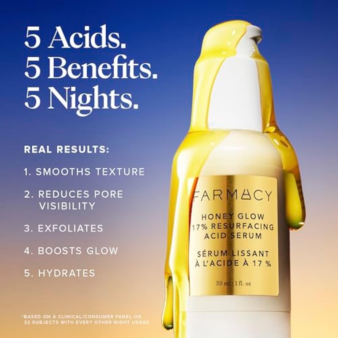 Farmacy Honey Glow 17% AHA & BHA Resurfacing Night Serum - Facial Serum with Hyaluronic Acid - Reduces Fine Lines & Pores(30ml)