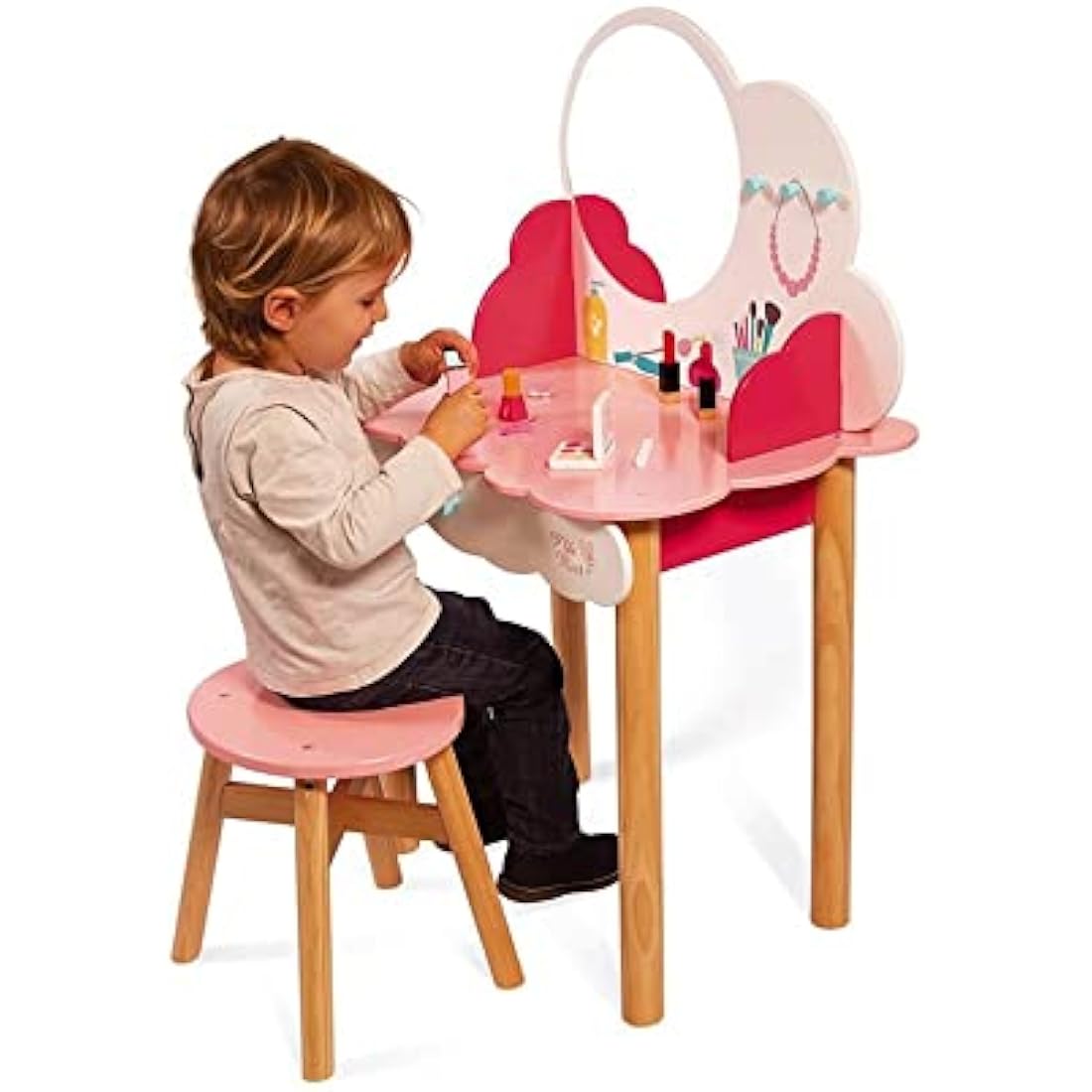 Janod - P'tite Miss Wooden Dressing Table for Children - 10 Accessories Included - Pretend Play - For children from the Age of 3, J06553, Pink and White