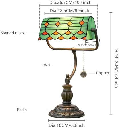 Blivuself Tiffany Style Green Banker Desk Lamp Red Stained Glass Lamps Vintage Bedroom Bedside Study Zipper Pull Chain Retro Office Adjustable Nightstand Aesthetic Antique Accent Reading Desk Light