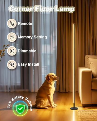 TACAHE Minimalist Corner Floor Lamp - 2700K-6500K Dimmable LED Night Light - Modern Standing Mood Lamp with Remote Control for Living Room, Bedroom - 57" 12W - Black