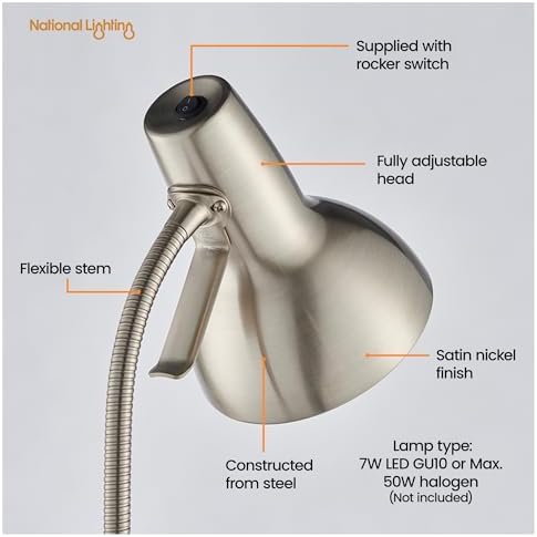 National Lighting Table Lamp– Bedside Lamp with USB Port – Gooseneck Desk Light with Charging Port – LED Reading Light Bedside Table Lamp for Bedroom Livingroom Dining Room and Kitchen 7W GU10