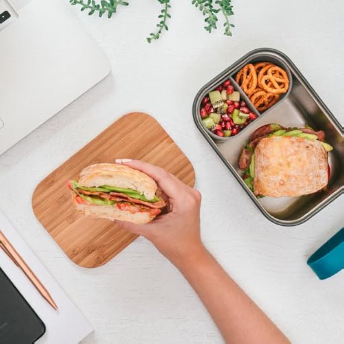 BLACK + BLUM BAM-SB-L005 Plastic Free Meal Prep Lunch Box Food Container with Bamboo Lid, Ocean Sandwich, Stainless Steel (304/18-8), Silicone, Anti-Bacterial, 1.25 liters