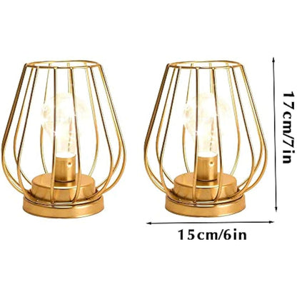 TRIROCKS 2 Set of Metal Battery Operated Table Lamp 17cm Tall Mini Cage Shape Cordless Lanterns with Warm Fairy Lights Bulb for Patio Garden Wedding Parties Indoor Outdoor (Gold)