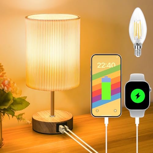 Aomeya Touch Bedside Table Lamp, Dimmable Touch Control Nightstand Lamps with USB-C＆USB-A Charging Ports,with White Fabric Shade for Bedroom Living Room Office,Dimmable Bulb Included