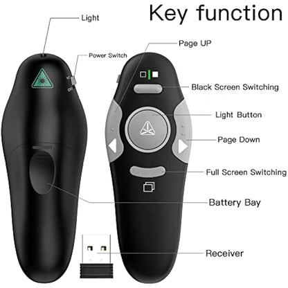QUI Presentation Clicker Pointer, 328FT Wireless Presenter Remote PPT PowerPoint Clicker, 2.4GHz Presentation Pointer Slide Advancer for Mac, Laptop (Green Function Indicator Light)