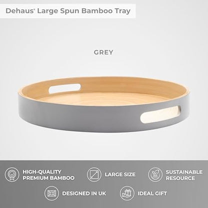 Dehaus® Stylish Wooden Bamboo Tray - Grey Large - Luxury Round Wood Lap Trays for Eating Dinner, Tea and Coffee Tray, Bar Drinks or Food Serving Trays with Handles - Eco Friendly