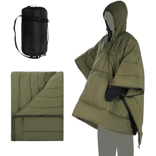 REDCAMP Wearable Camping Blanket Lightweight, Multifunctional Warm Travel Quilt Waterproof, Compact Wearable Poncho with Detachable Hood for Camping, Hiking (Army Green)
