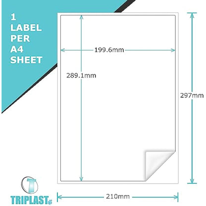 Triplast 50 x Multipurpose A4 Label Sheets - 1 Label Per Sheet (200 x 289mm Each) - Easy Peel White Labels for Inkjet & Laser Printer - Address Labels, Shipping Labels, File Labels, DIY Stickers